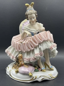 Wilhelm Rittirsch Dresden Lace Porcelain Lady with Dog Figurine German - Picture 1 of 20