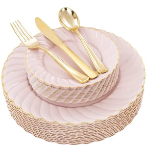 125Piece Pink Plastic Plates with Gold Rim – Scalloped Plastic Plates Set Inc... - Picture 1 of 9