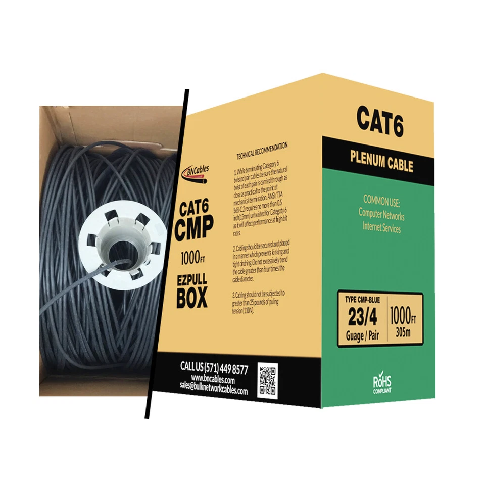 Cable UTP sólido de 1000 pies 10 Gigabits BNCables Cat6 Plenum 550 Mhz 23 AWG en 9 colores Foto 1 de 1
