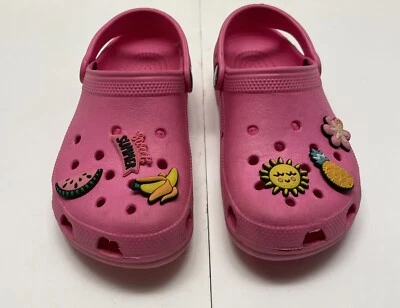 Crocs Girl’s Bright Pink Clogs Size 12B 13G Shoes 6 Simply Southern Charms GUC - Image 1 of 4