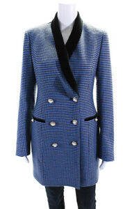 Rebecca Vallance Womens Houndstooth Double Breasted Blazer Blue White Size 4