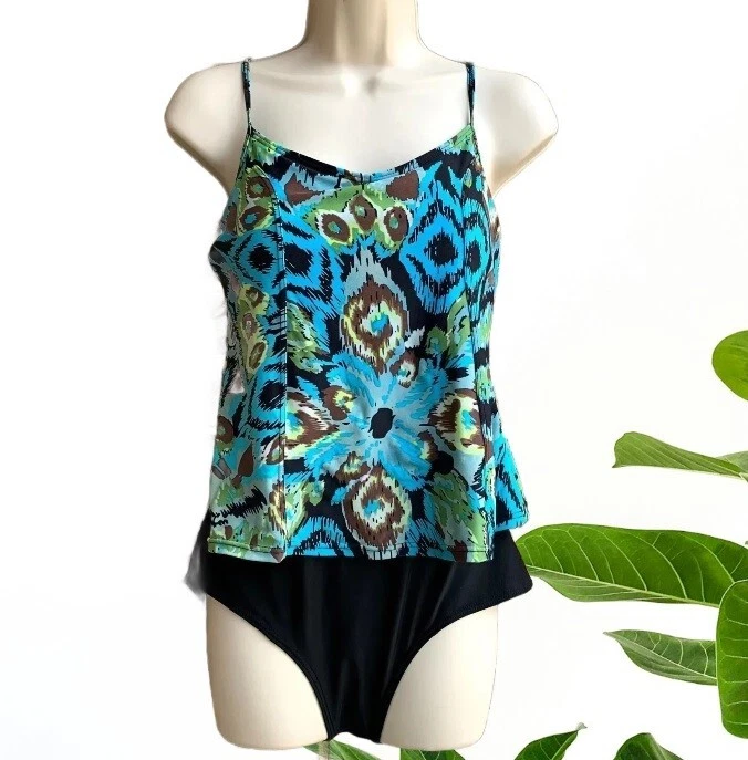 Elegante traje de baño antiguo de una pieza para mujer - negro y turquesa talla M días de playa Foto 1 de 4