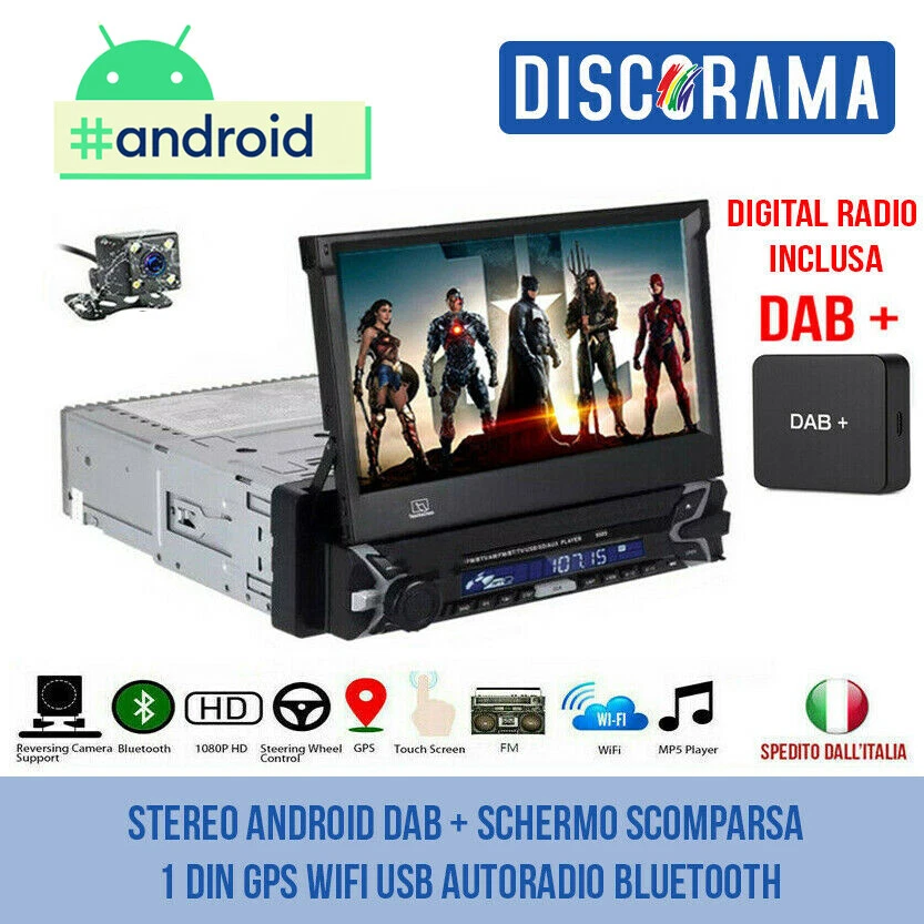 AUTORADIO ANDROID STEREO AUTO DAB+ SCHERMO SCOMPARSA 1DIN GPS WIFI USB BLUETOOTH - Immagine 1 di 4