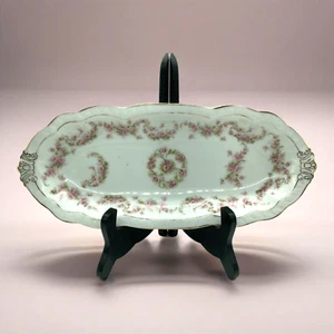 Antique Porcelain Relish Tray Pink Floral Design & Gold Trim Vanity Trinket Dish - Picture 1 of 13