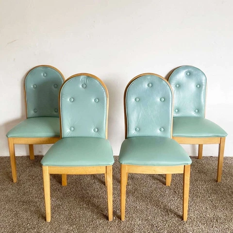 Boho Chic Cane Back Blue Tufted Vinyl Dining Chairs - Set of 4 Cover