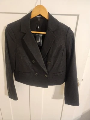 Новый с Ярлыками Express женщин двубортный укороченный блейзер льняной смеси Smal черный  - Изображение 1 из 3