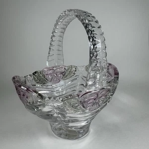 Anna Hutte Crystal Basket Germay Pink Green Flowers Candy Dish Bowl Handle 6"x4" - Picture 1 of 12