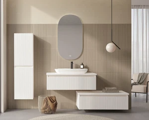 Badmöbel-Set: Spiegel, 2x 100cm Schrank, Waschbecken, LENTIA-Säule in weiß ORKA - Bild 1 von 6