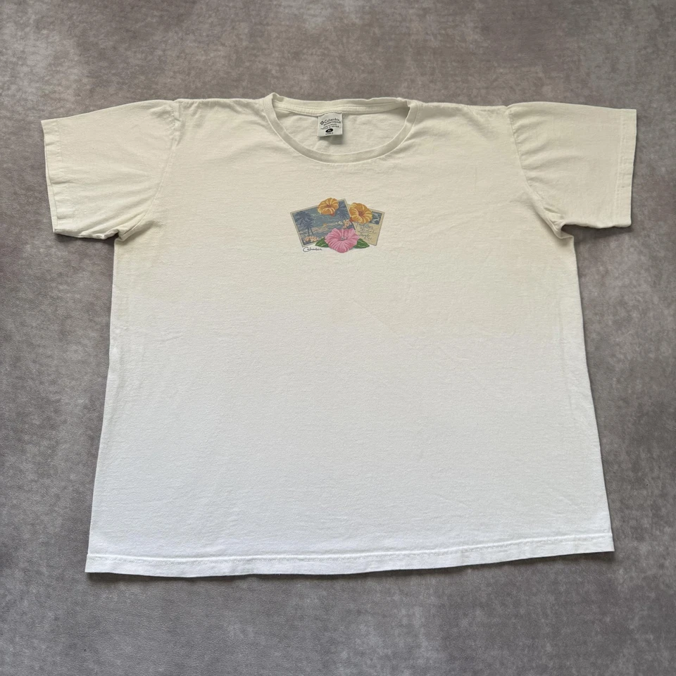 Camisa Columbia Vintage Mujer XL Blanca Floral Gráfico Hibisco Camiseta Foto 1 de 4