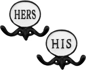 Juego de 2 ganchos para toallas de hierro fundido para él/la suya, granja rústica en blanco y negro - Imagen 1 de 6