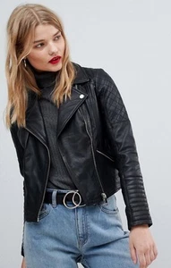 Vintage RIVER ISLAND Quilted Leather Moto Biker Black Jacket Size UK 12 US 8 - Picture 1 of 14