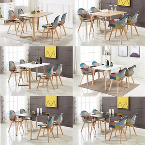 Patchwork Dining Table Set - 4 x Fabric Chairs & Modern Table Solid Wood - Picture 1 of 25