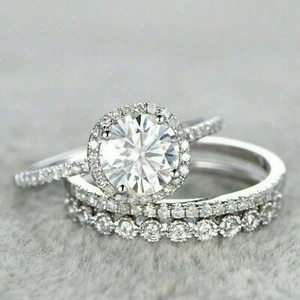 14K White Gold Plated Bridal Women's Trio Ring 2.80Ct Round Lab Created Diamond - Picture 1 of 7