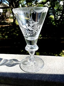 Antique Heavy Baluster Glass Crystal Goblet Engraved Bird Ferns - Picture 1 of 9