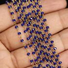 50"inch Blue Quartz Rondelle Faceted 3-4mm Hydro Beads, Gold Plated Rosary Chain