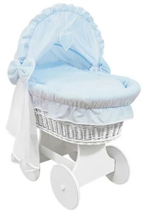 White Wicker Wheels Crib/baby Moses Basket + Complete Bedding Blue/cotton - Picture 1 of 1