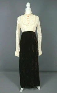 Vtg 60s Maxi Dress With Velvet Skirt 1960s Crotchet Lace Long Gown Victorian  - Picture 1 of 11