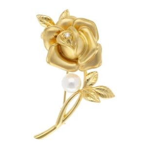 MIKIMOTO Brooch K18 yellow gold Akoya pearl diamond rose flower diamond used - Picture 1 of 7