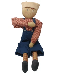 Handmade 16" Patriotic Boy Rag Doll Red White Blue Fabric Painted Face Vintage - Picture 1 of 9