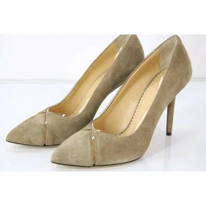 Charlotte Olympia Beige Suede Gold Trim Natalie Pointy pumps SZ 38.5 New $655 - Picture 1 of 9