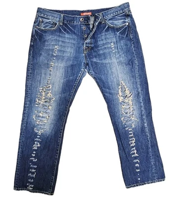 Vintage Ed Hardy Jeans Mens Y2K Button Fly Denim Distressed 40 X 32 Flaws Worn  - Image 1 of 4