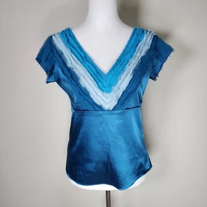 Vintage Y2K Turquoise Shirt Womens 10 Satin Ruffle Blouse Fairy Whimsigoth Top - Picture 1 of 15