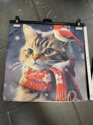 Katze mit Schal und Vogel Deko Kissenbezug Kissenhülle Landhaus Stil ca 40x40 - Bild 1 von 3