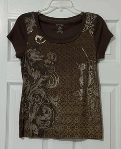 St Johns Bay T-Shirt Embellished Floral Taupe Women's M - Picture 1 of 6