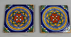4 mexikanische Keramik Terrakotta Fliesen roter Ton geometrisches Blumenmuster blau 4 Zoll - Bild 1 von 2