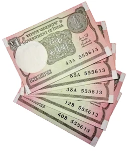 INDIA REPUBLIC 2011 - 1 RUPEE SAME NUMBER 555613 - 5 UNC NOTES LOT - Picture 1 of 4