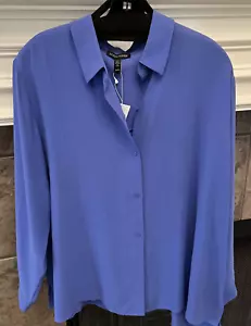 NUEVO CON ETIQUETAS Camisa Eileen Fisher Estrella Azul Seda Georgette Crepé Cuello Clásico Talla M $278 - Imagen 1 de 12