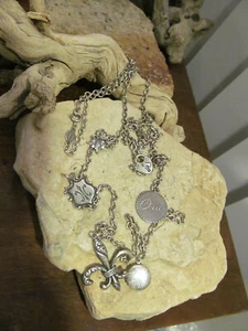 CATHERINE POPESCO Silver tone Fleur De Lis Dangle Charm Rhinestone necklace - Picture 1 of 9