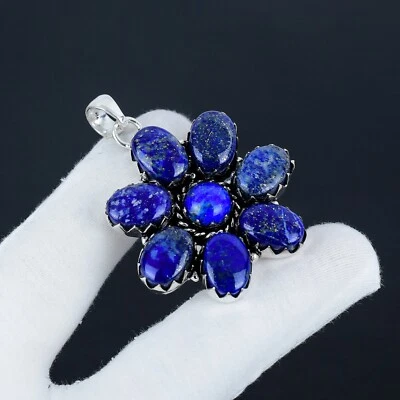 Naturale Lapislazzuli Gemma Fiore Design 925 Pendente Argento Sterling Per Gift - Immagine 1 di 4