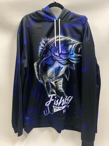 Fishing Nice Blue Purple BASS "Fishing Makes Me Happy” Silky Hoodie, Men’s 2XL - Picture 1 of 8