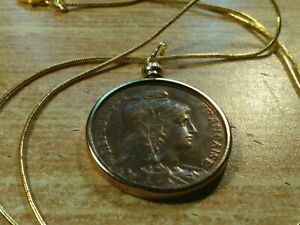1914 Brilliant Unc. French Bronze 10c Pendant on a 22" 18k Gold Filled Chain