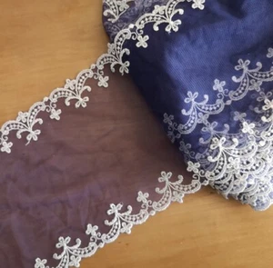 5 Yards 6" wide Violet Tulle Mesh Lace/Embroidered White Flower On Edge xh030 - Picture 1 of 2