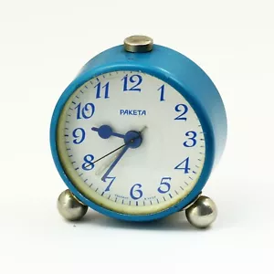 Raketa 1960er Vintage Mini Wecker mechanische Tischuhr UdSSR sowjetisch blau Gehäuse - Bild 1 von 9