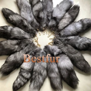 50pcs/lots-16"-18" Real Silver Blue Fox Fur Tail Keychain Pendant Cosplay Toys - Picture 1 of 5