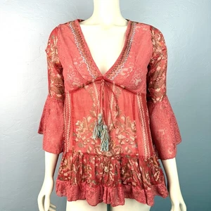 Guadalupe Design Top Glockenärmel rot Blumen Spitze Rüschensaum Bohemian V-Ausschnitt - Bild 1 von 12