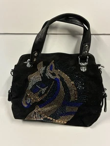 HANDBAG EXPRESS BLACK+COLORFUL RHINESTONES,STUDS HORSE HANDBAG,TOTE,PURSE - Picture 1 of 16