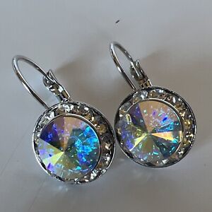 Vintage Crystal Rivoli Earrings Rhinestone Aurora Silver Pierced Closed Hook