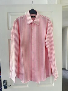 Hugo Boss Mens Shirt Pink White Stripes Linen Blend 16” Size XL Ptp 23” Summer - Picture 1 of 10