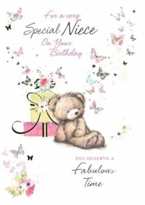 Tarjeta de cumpleaños sobrina - Regalos de oso y mariposas con papel aluminio 7,5 x 5,25" - Imagen 1 de 1