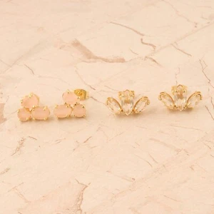 Pink Chalcedony Clear Quartz 24k Gold Plated Handmade Stud Earrings Lot 2 Pairs - Picture 1 of 2