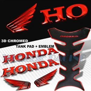 CHROMED RED+BLACK PRO GRIP TANK PAD+2X 3D WING LOGO+HONDA LETTER EMBLEM STICKER - Picture 1 of 6