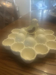 TRUE VTG MID-CENTURY CERAMIC EGG SERVER/EASTER DISPLAY w/ADORABLE YELLOW CHICK - Picture 1 of 4