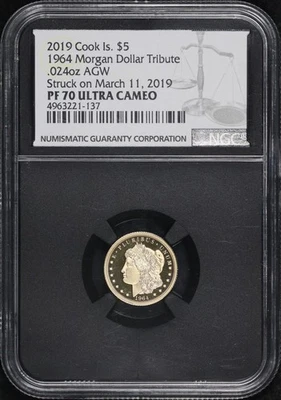Cook Island 2019 dólar Morgan 1964 oro $5 0,024 oz AGW NGC PF-70 UC núcleo negro Foto 1 de 2