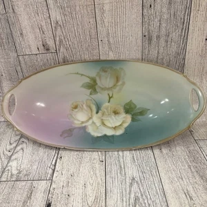 Antique Hand Painted Oval Porcelain China Tray Roses Bavaria Relish Dish Blue - Picture 1 of 10