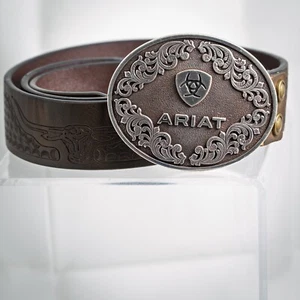 Ariat Oval Logo Western Floral design Belt Brown SZ 32 - Picture 1 of 9