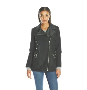 kensie Women's Elongated Asymetrical Zip Moto Inspired Coat with Pu Detail - Picture 1 of 2